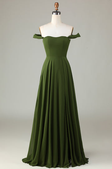 A-Line Off The Shoulder Olive Bridesmaid Dress with Slit